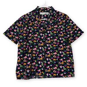 Chaus Petites Vintage Floral Button Down Blouse Black Multi Color Short Sleeve 8